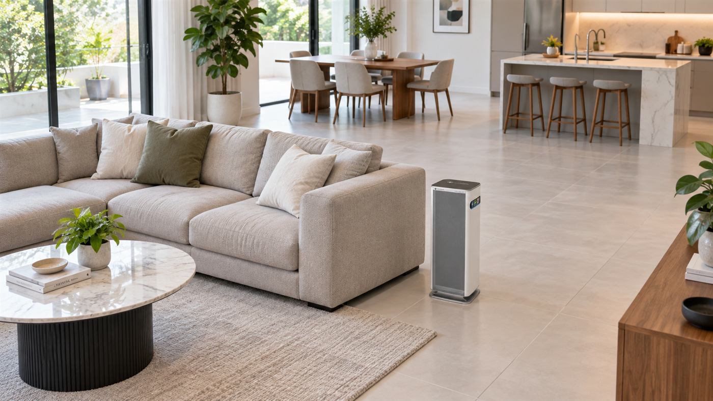FUJI SMART AX-M14000 đặt cạnh sofa trong không gian sống mở