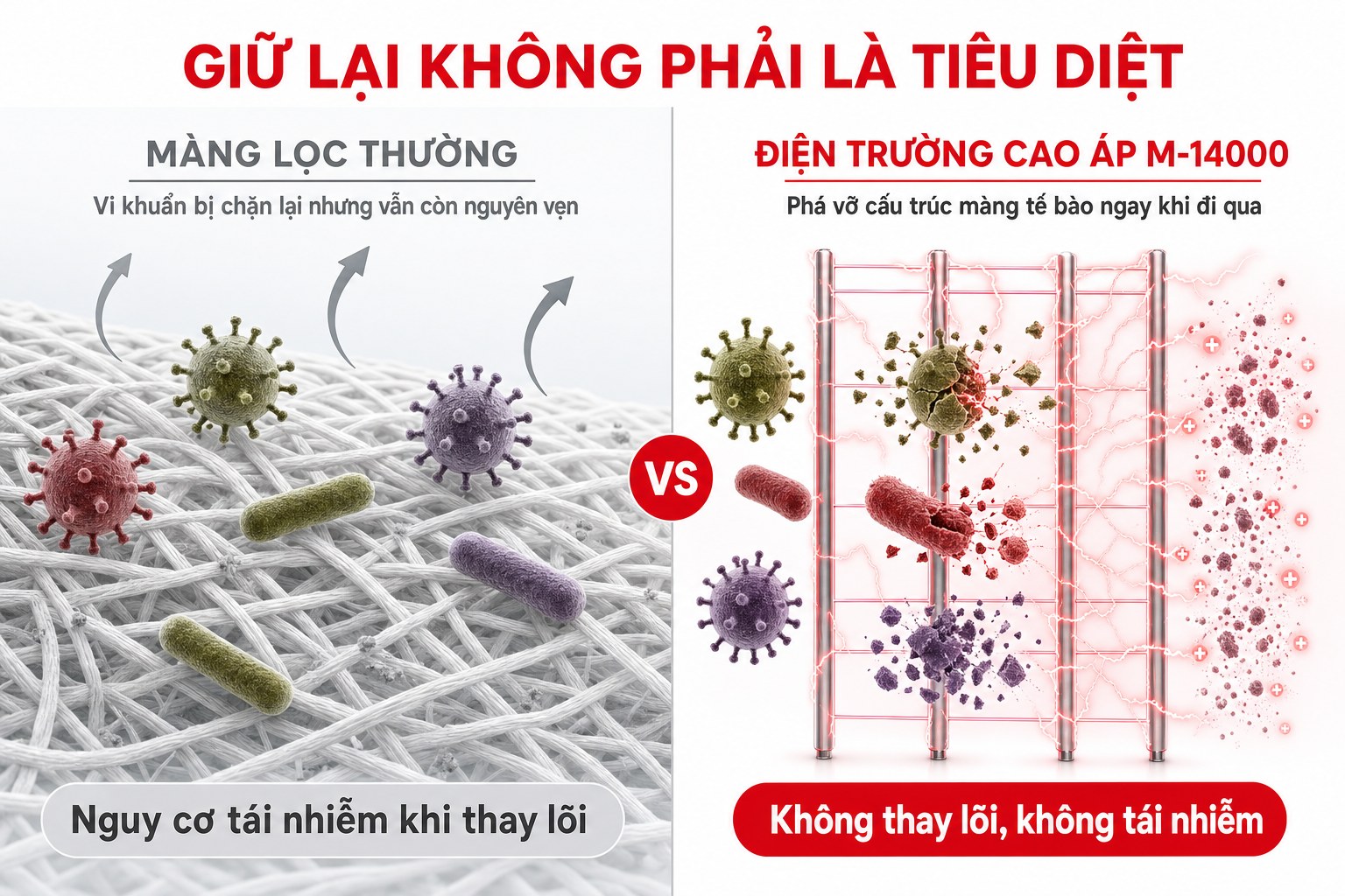 So sánh màng lọc thông thường chỉ giữ lại vi khuẩn trên bề mặt với điện trường cao áp M-14000 tiêu diệt vi khuẩn